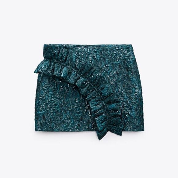 NWT Zara nwt green jacquard skirt Zara Teal Metallic Ruffle Mini Skirt XS - Picture 10 of 16